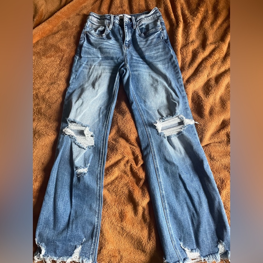 Classic Blue Distressed Straight Leg Jeans